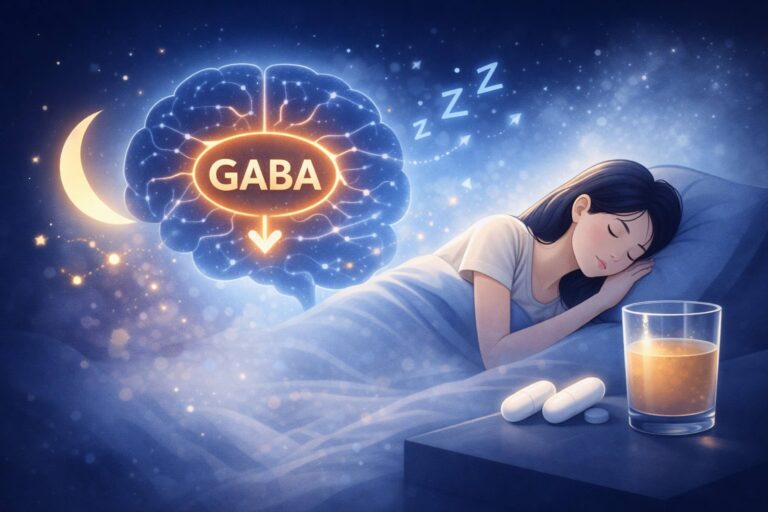 GABA 助眠機制示意圖，神經傳導與放鬆入睡概念