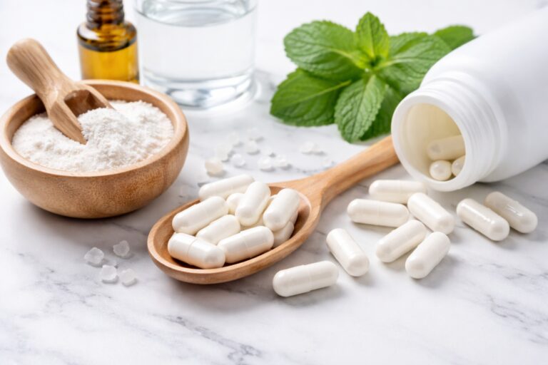 甘胺酸鎂助眠補充品示意圖，鎂膠囊與粉末形式