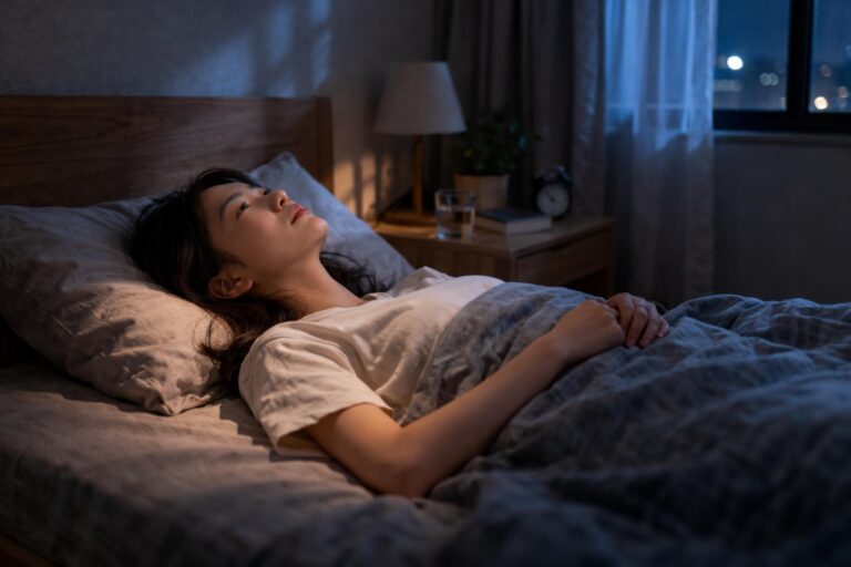 夜晚臥室，一個人躺在床上，視角望向天花板，燈已關，只有微弱窗外光