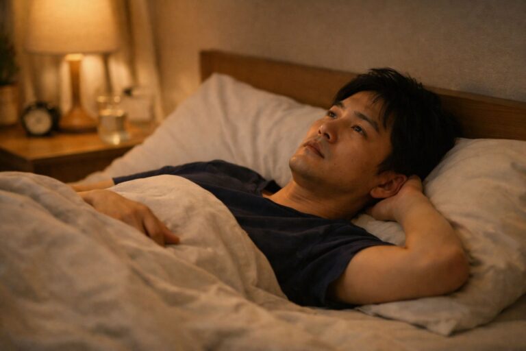 夜晚躺在床上睡不著，思緒不停轉動，無法入睡的情境